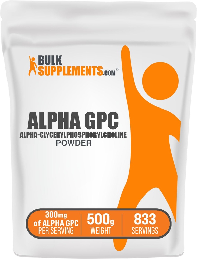 BulkSupplements.com Alpha GPC אבקת - תוספי כולסטרול, Alpha GPC 300 מ"ג - Unflavored & Gluten Free, 600 מ"ג לשרת, 500g (1.1 lbs) (Pack of 1)