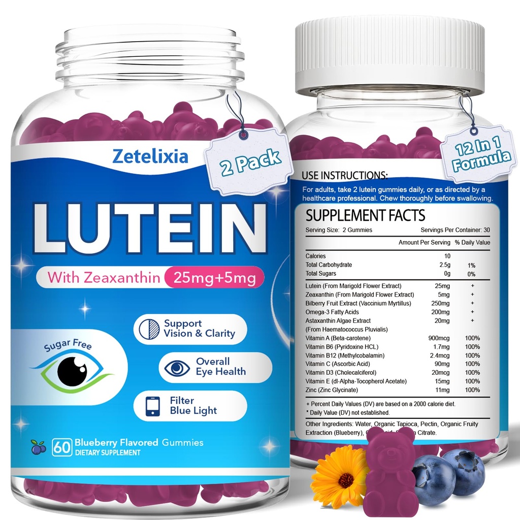 2 Pack Lutein Gummies, 12 in 1 Lutein and Zeaxanthin Supplements Eye Vitamins Gummies for Adults, Eye Health Supplement with Multiple Vitamin for Promoting Eye & Vision - 120 Gummies