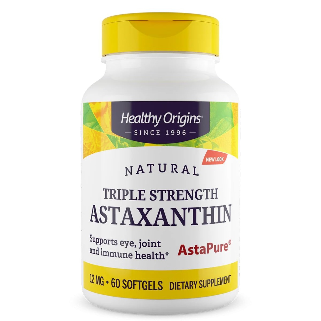 מקורות בריאים Astaxanthin 12 מ"ג (Natural, Astapure, Triple Strength, non-GMO, Gluten Free, Eye Support, Joint Support, Immune Support), 60 Softgels