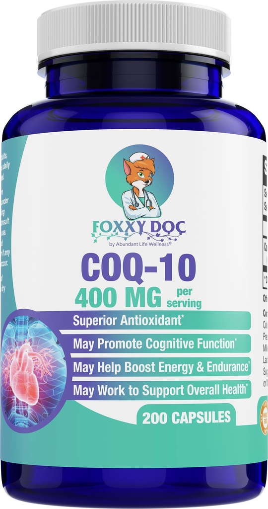 CoQ10 400 MG Per 2 Caps - Ubiquinone - ערך מעולה - הלב, המוח והתאים תוסף - תמיכה באנרגיה - 200 קפות בבקבוק - על ידי Foxxy Docy Doc