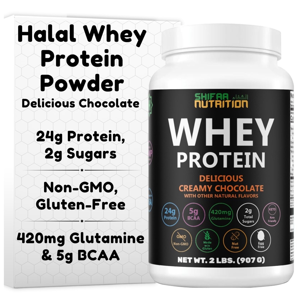 SHIFAA NUTRITION 2 Lbs Halal Whey חלבון אבקת Creamy שוקולד. 24g חלבון, 5g BCAAs ו 420 מ"ג Glutamine עבור בניית שרירנים Lean ושיקום. ללא סוכר, Keto-Friendly, Gluten-Free, Non-GMO