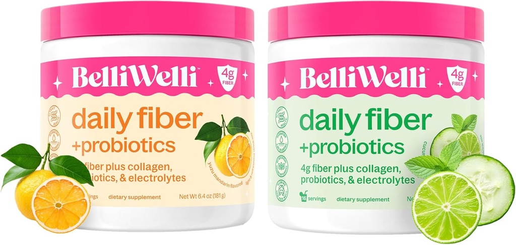 יומי סיבים תוספת Bundle עם תוספת Collagen, Probiotics & אלקטרוליטים - קומבר Lime Mint & Orange Yuzu מנדרינה פלברס - תמיכה בריאות העיכול, Debloating & הידרה - 32 משרתות Totals Total Total