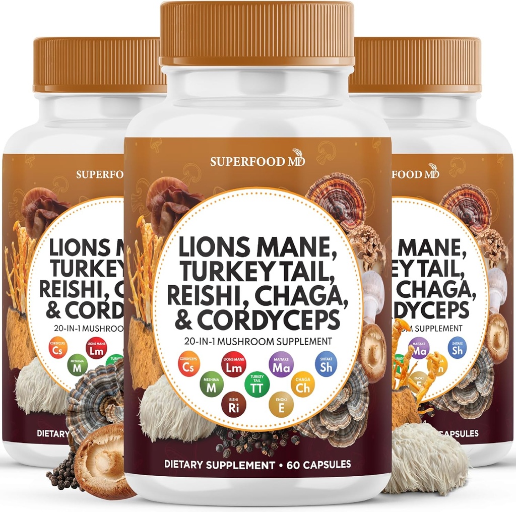 Lions Mane Mushroom תוספת עם טורקיה Tail Reishi Cordyceps Chaga עם Marshmallow Root - 180 הרוזן