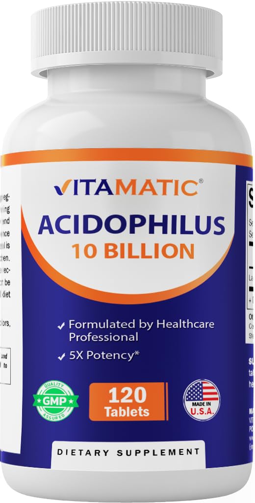 Vitamatic Acidophilus Probiotic - 10 מיליארד CFU - 5X Potency - Daily Probiotic Supplement, Supports Digestive Health - 120 טבליות