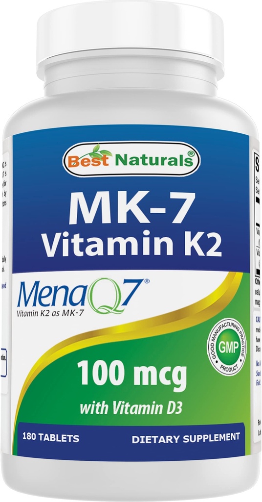 Best Naturals ויטמין K2 (MK7) עם D3 תוסף העצם ובריאות הלב (5000 IU ויטמין D3 & 100 mcg ויטמין K2 MK7), 180 טבליות