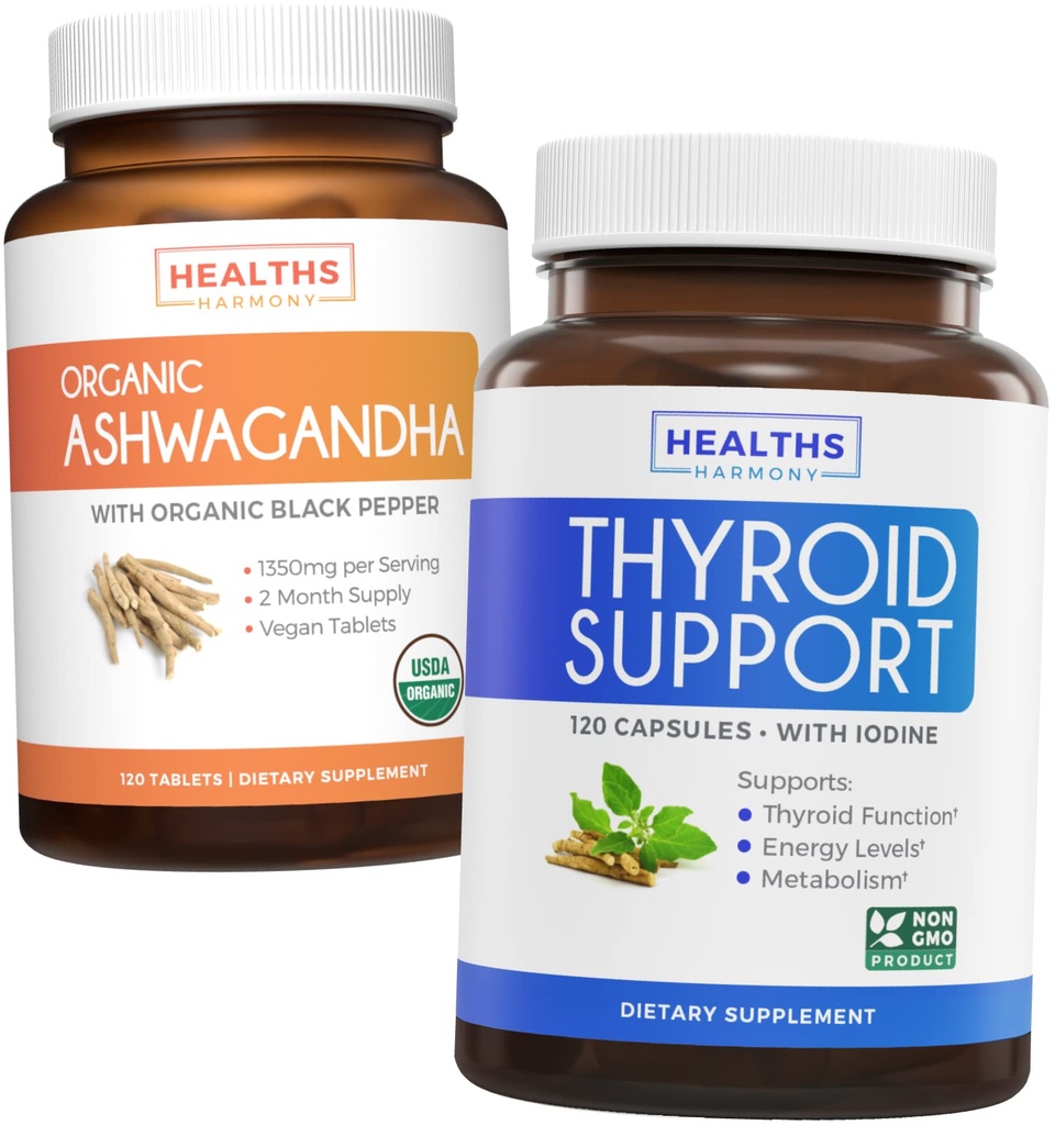 Bundle of Thyroid Support & Ashwagandha - Revive & Thrive Pack - התמיכה Thyroid עם Iodine (Non-GMO) לשפר את האנרגיה והאורגנידה עם 1350 מ"ג אשוואגנדה Root אבקת Per Serveganda Root אבקה לשרת