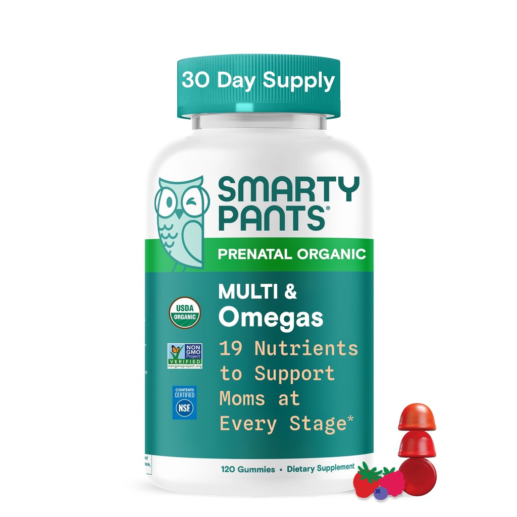 SmartyPants Organic Prenatal ויטמינים לנשים, Multivitamin Gummies: Biotin, Methylfolate, אומגה 3 (ALA), ויטמין D3, C, ויטמין B12, B6, A, K2 & Zinc, Choline, Vegetarian, 120 (30 יום אספקה)