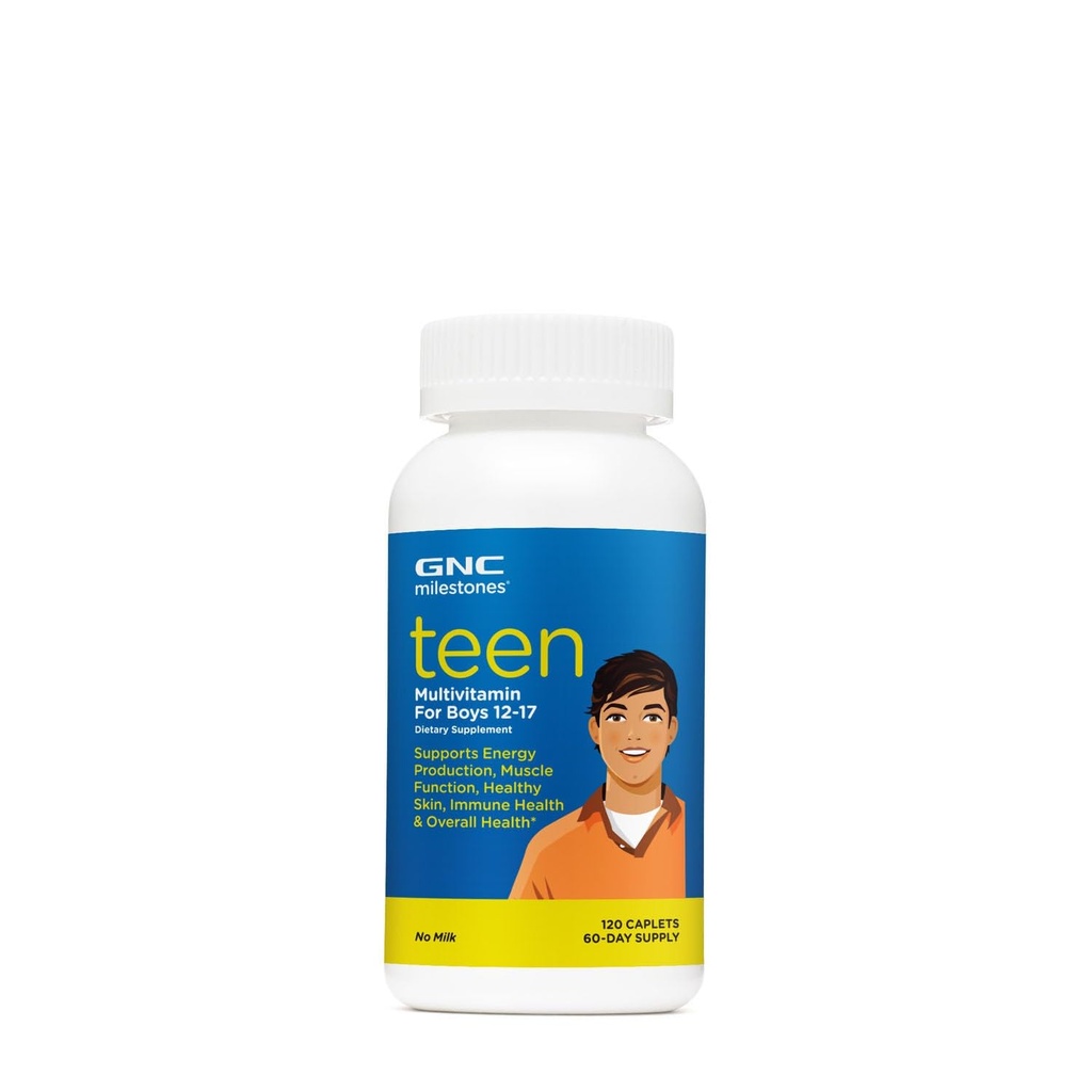 GNC Milestones Teen Multivitamin for Boys 12-17, תומך בייצור אנרגיה ותפקוד שרירים, 120 קפסולות