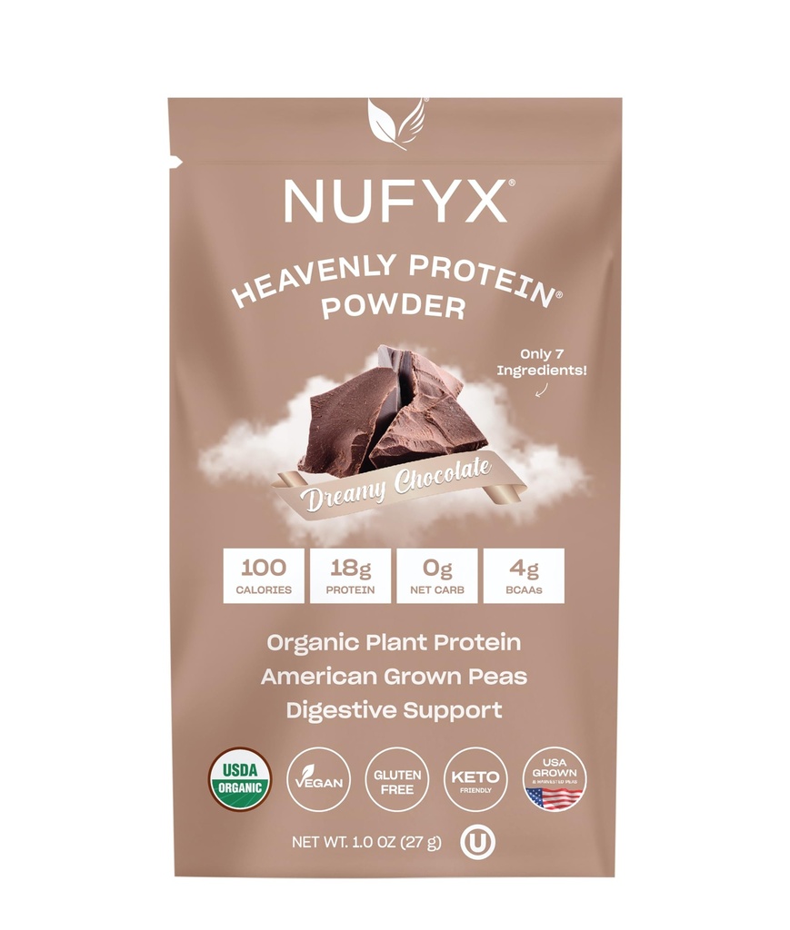 NUFYX® - אבקת חלבון שמימית ® אבקת ® ® - 100% אורגני צומחים בארה"ב - טבעוני - Gluten Free - Low Carb (Dreamy Chocolate, Packet)