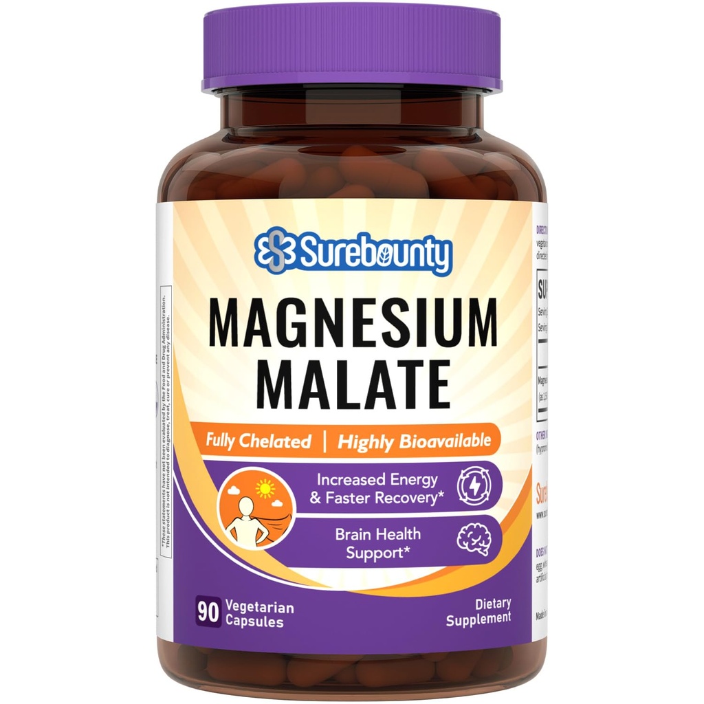 Magnesium Malate קפסולות 410 מ"ג, תוסף מגנזיום, Chelated, High Absorption, Energy Production & חוזים תמיכה, מינרלים לילדים, בני נוער ומבוגרים, 90 קפסולות טבעוניות