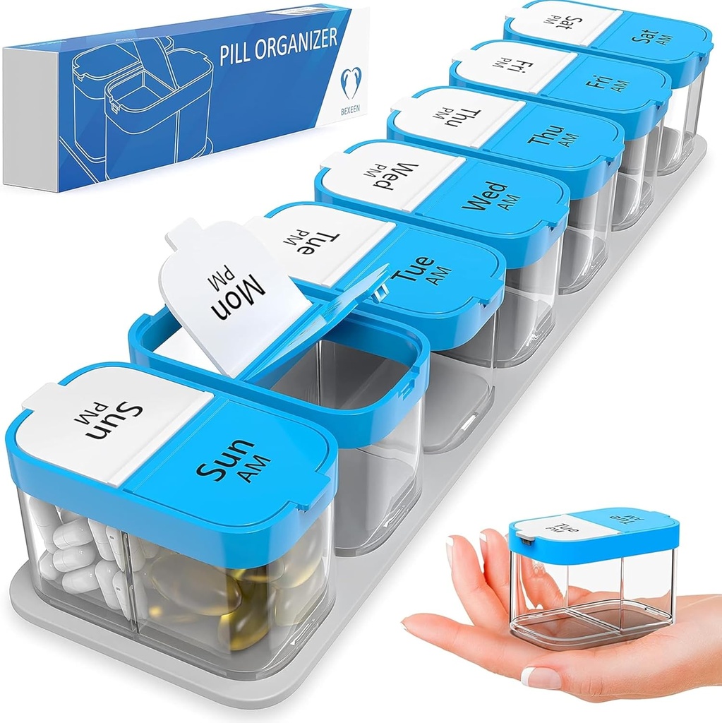 עוד מארגנת גלולות שבועיות גדולות - XL Daily Pill Box - 7 Day Am Pm Pill Case Container for Supplements Big Pill Holder Twice A Day Overגודל (כחול לבן)