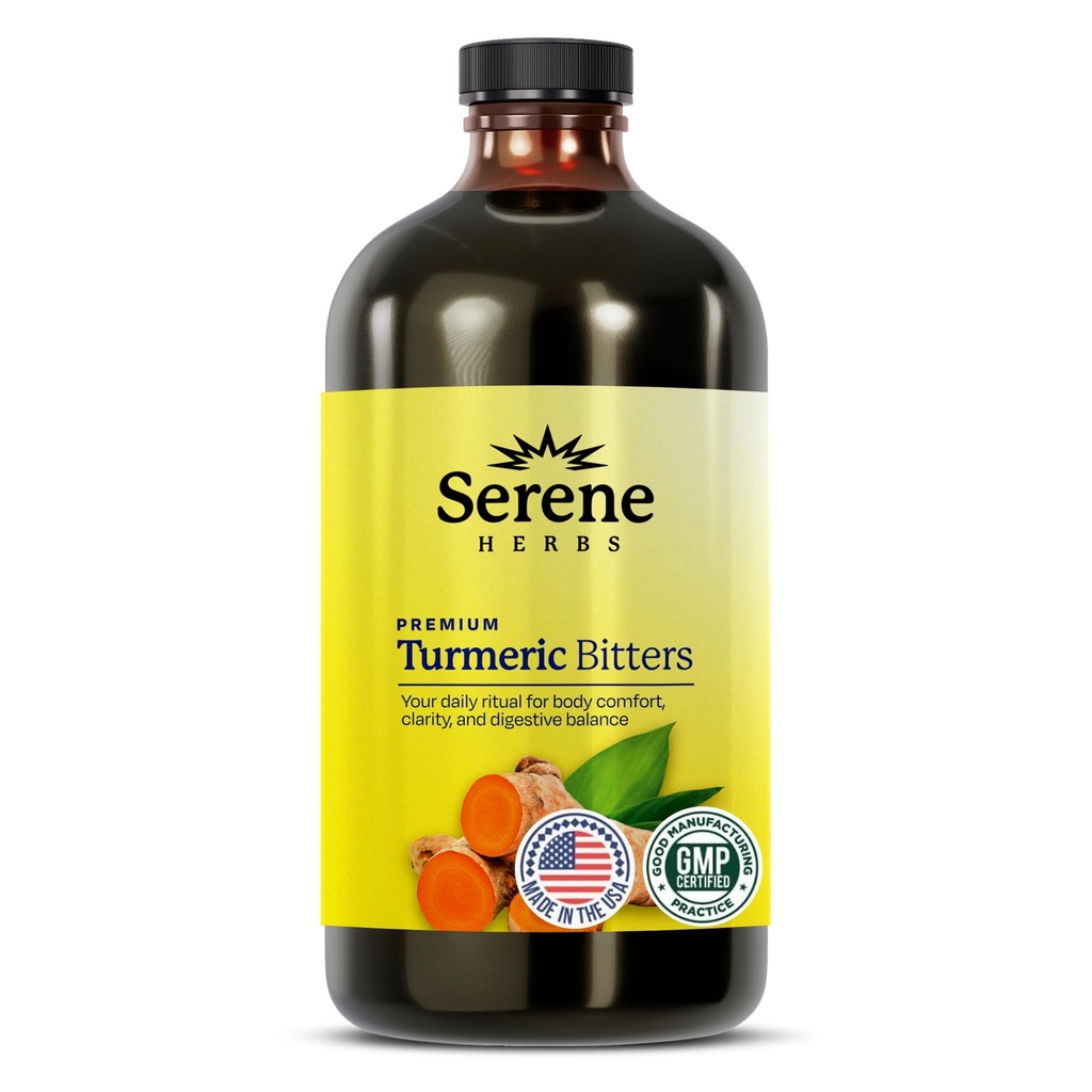 Serene Herbs נוזל Turmeric עם Black Pepper - Turmeric Shots Curcumin תוסף 1000 מ"ג תוספת שומן צמחי, Digestive Bitters for Bloating Relief, Joint Health, Energy & Clarity - 16oz