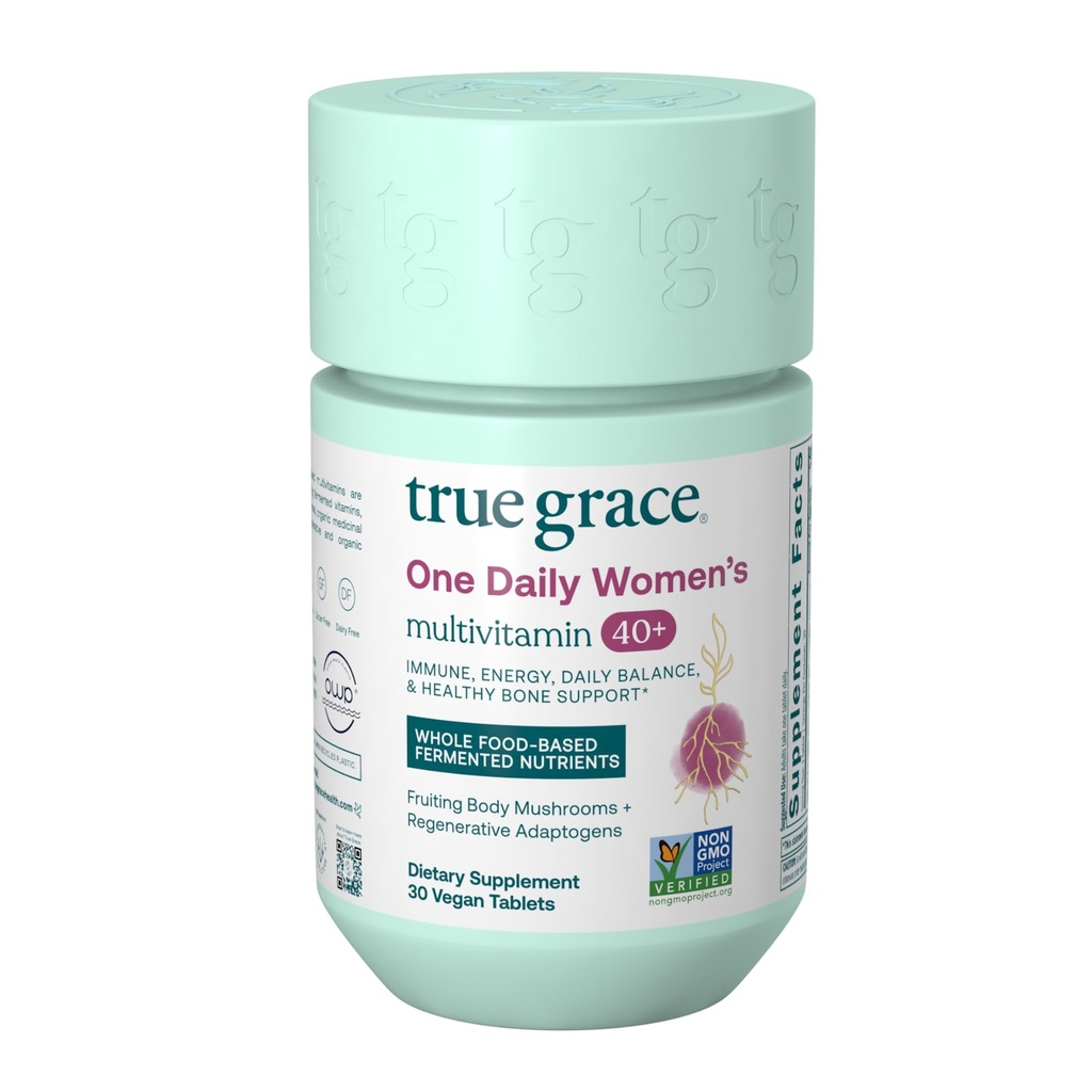 True Grace One Daily Women's Multivitamin 40+ Fermented מינרלים, Organic Fitogens & Mushrooms אנרגיה, Immune, Bone Support - Non-GMO - Iron, Gluten & Soy Free - 30 טבליות טבעוניות