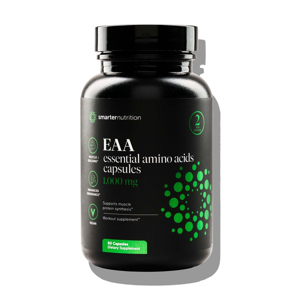 SMARTERNUTRITION Essential Amino Acids (EAA) קפסולות - 1 Gram Per משרת של כל 9 EAAs - תומך שריר מסה & פעילות גופנית - Non-GMO, טבעוני, Gluten Free - ספירה 60 [30 יום אספקה]