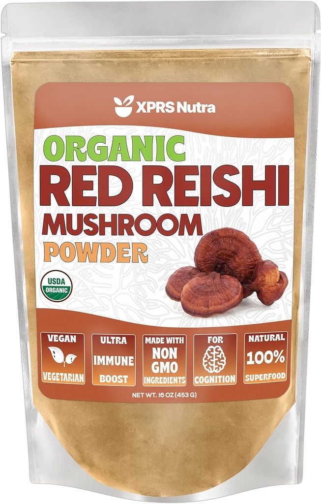 אבקת XPRS Nutra אורגנית Red Reishi Mushroom - Premium Reishi אבקת Cognition - טבעוני Reishi Mushrooms for Longevity and Energy (16 Ounce)