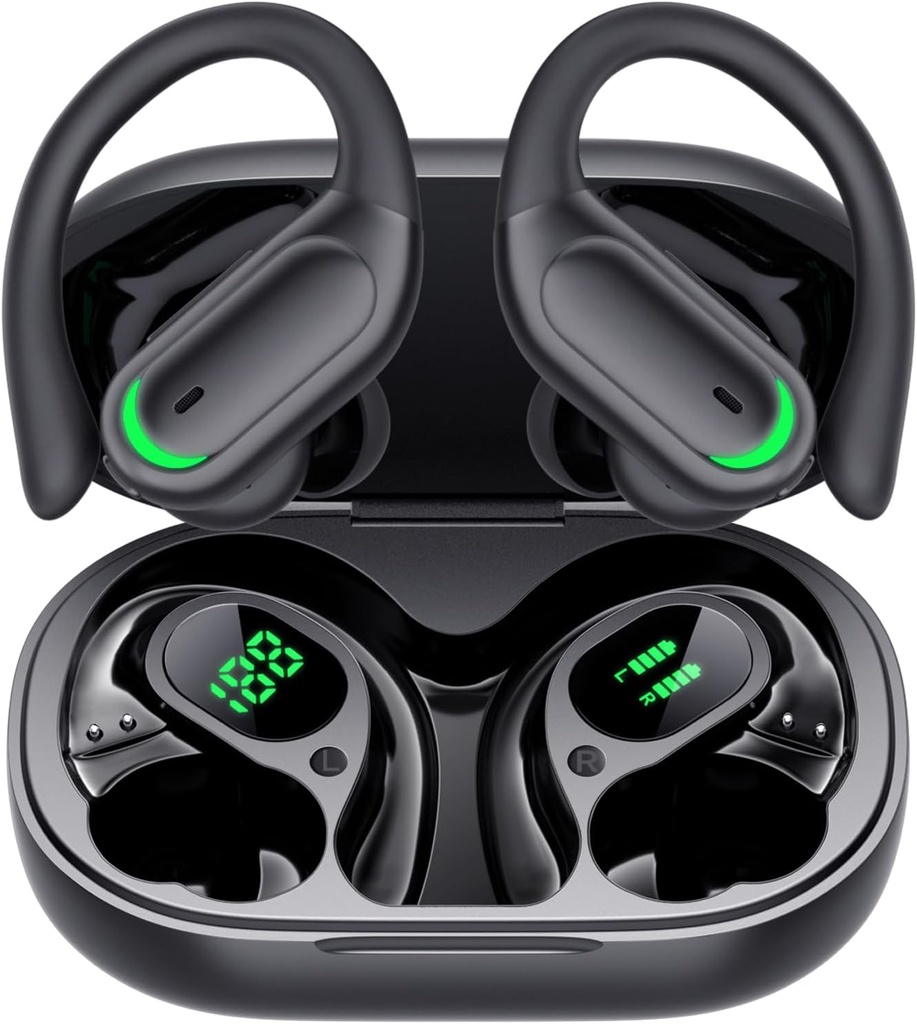 אוזניות אלחוטיות Bluetooth 5.4 אוזניות, 96hrs Playtime, Wireless Charging Case LED Display, Over Ear Headphones, ENC Noise בוטלהling, Hi-Fi Sound, IP7 Waterified, for Sports Workouts (Deep Black)
