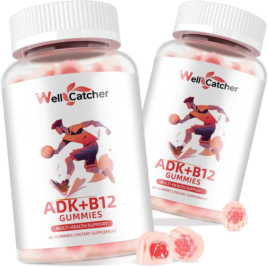 ויטמין ADK+B12 Gummies תוסף: ויטמין D3 K2 (MK-7) עם B12 עבור נשים Chewable טבעוני Multivitamin תמיכה העצם המוח Immune Skin Sugar Free Raspberry Flavored 2 Packs