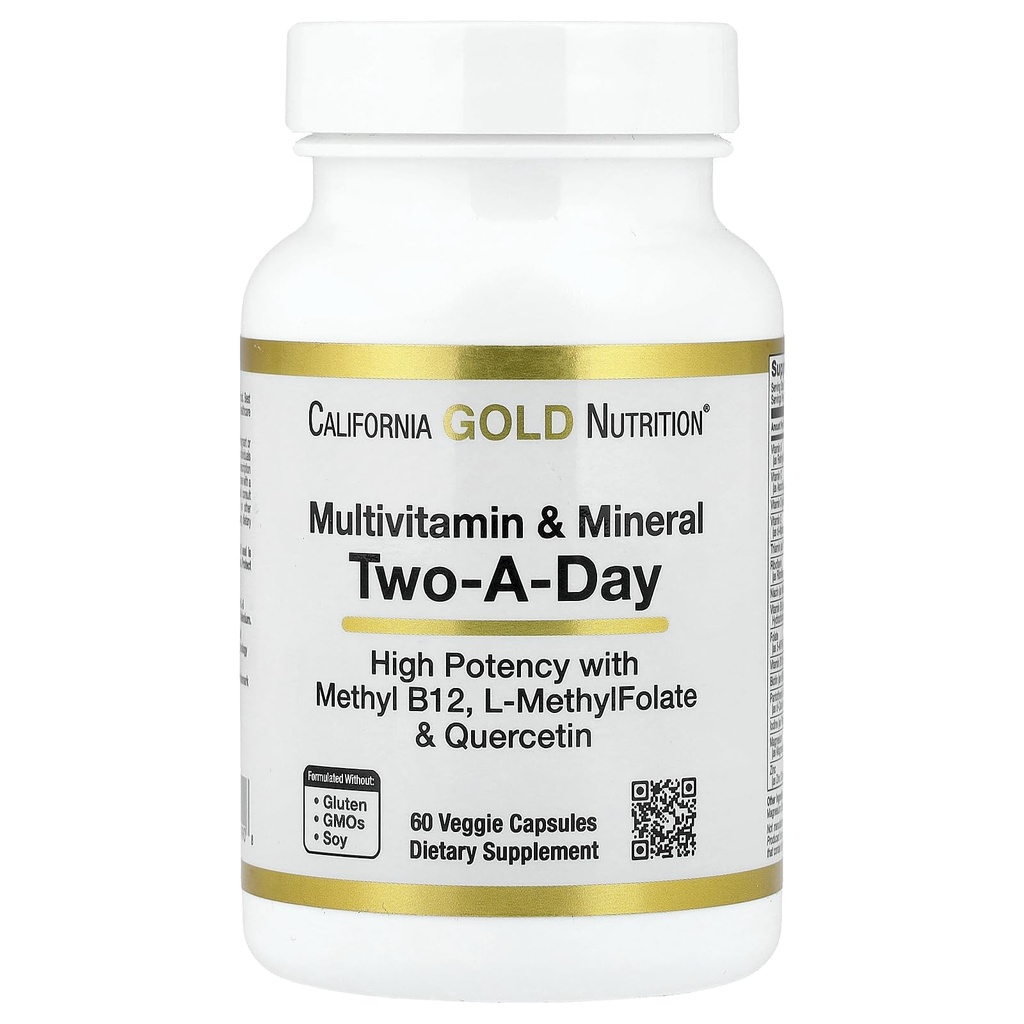 California Gold Nutrition Multivitamin ומינרל עם Methyl B12, ויטמין C, L-MethylFolate ו- Bio-Quercetin, Two-A-Day, 60 קפסולות Veggie