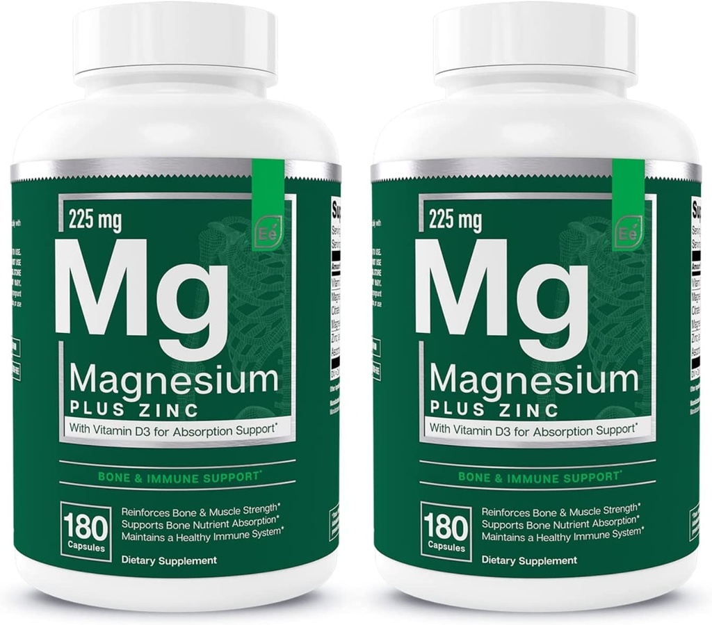 יסודות חיוניים Magnesium Plus Zinc עם ויטמין D3 | תמיכה טכנית פורמולה לב, העצם והשרירים | 225mg משולש-Strength Magnesium Complex with Glycinate, Malate, Citrate | 360 Count |