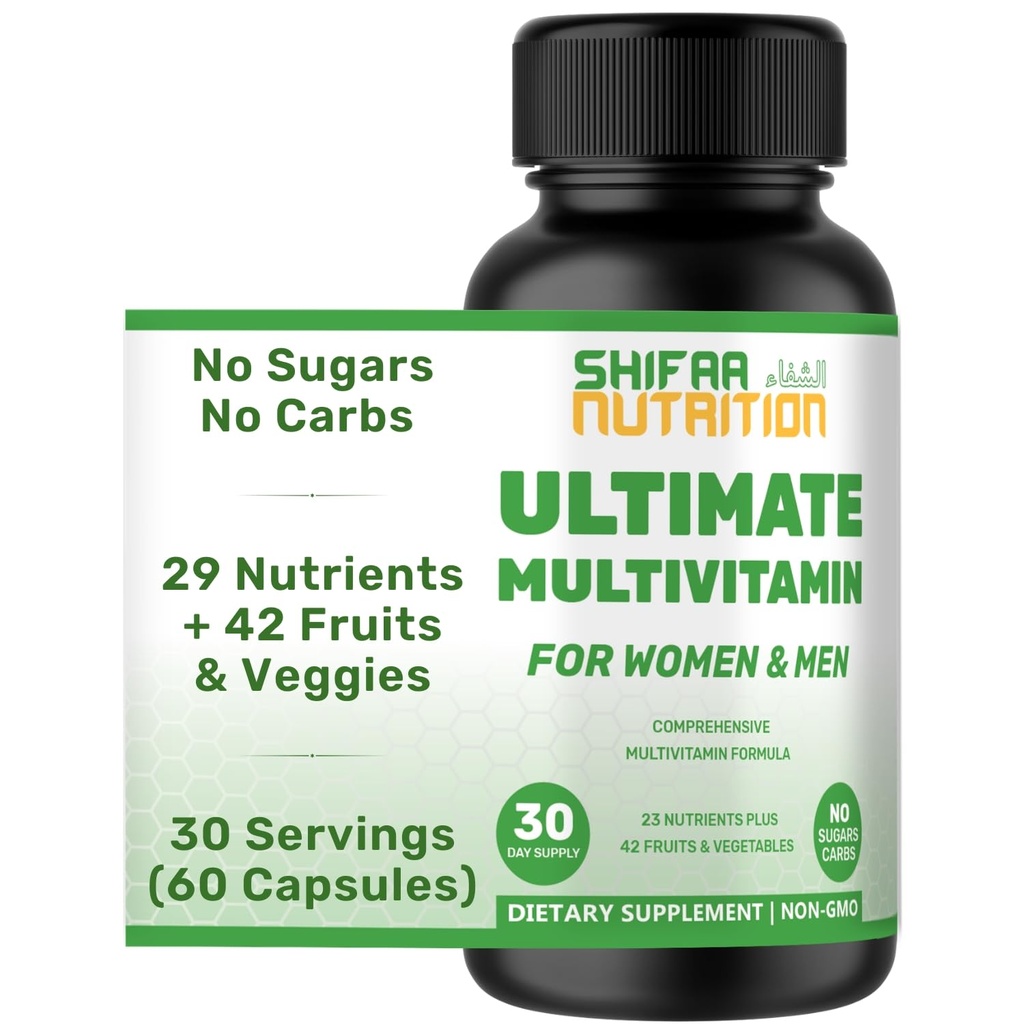 SHIFAA NUTRITION Halal Multivitamins עבור נשים, גברים ומבוגרים, 30 משרתים | ברזל, ויטמין A, B6, B12, Biotin, Niacin, C, D3, E, Zinc, Calcium, Folic Acid, CoQ10