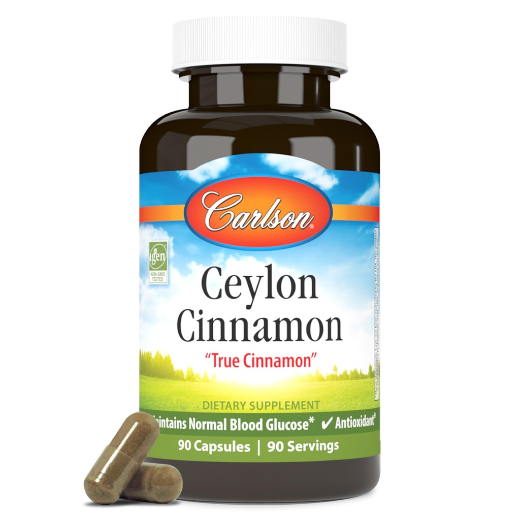 קרלסון - Ceylon Cinnamon Supplements, 500 מ"ג, Cinnamon Extract Pills, Ceylon Cinnamon קפסולות, 90 קפסולות.