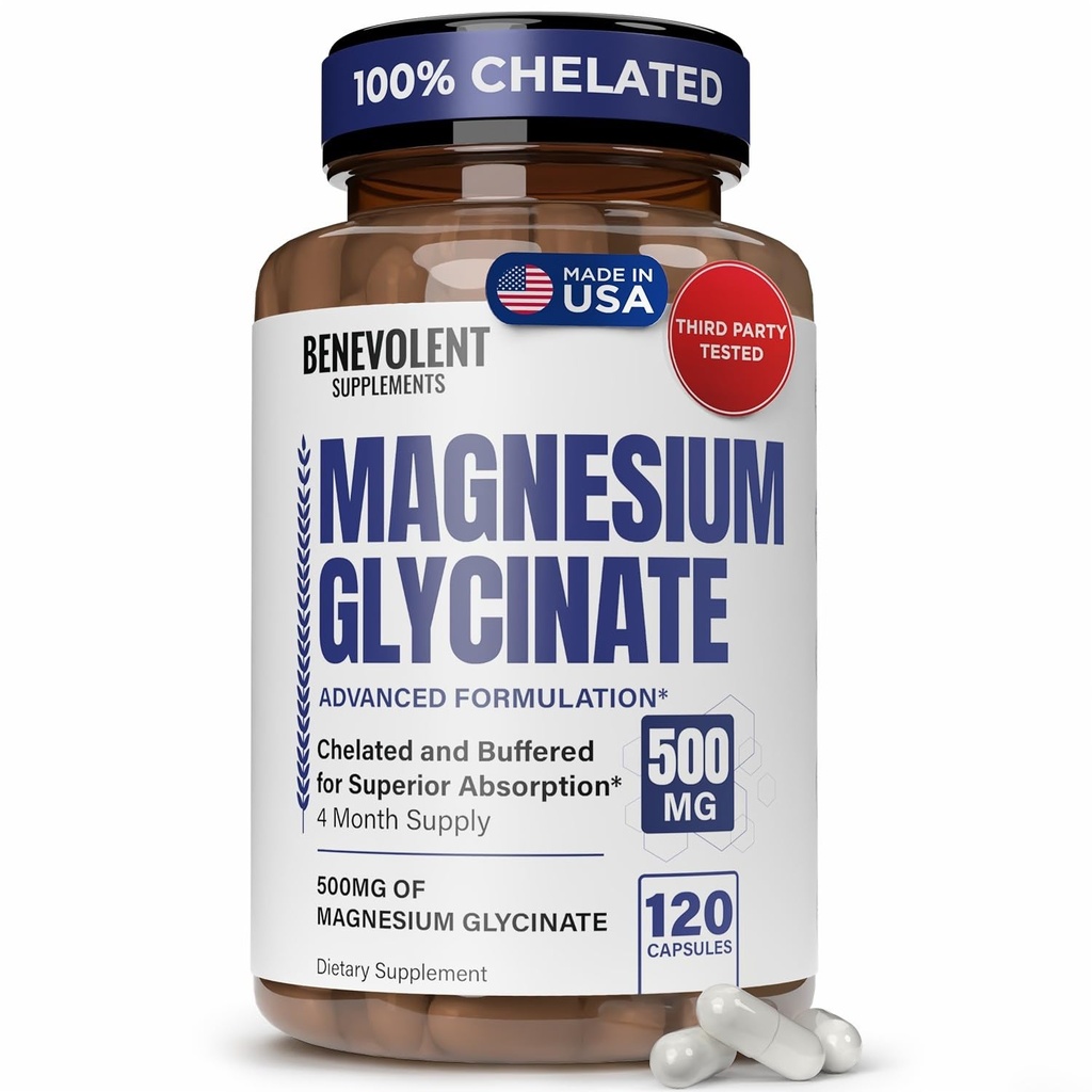 Magnesium Glycinate 500 מ"ג - Chelated & Buffered High Absorption Magnesium תוספת תמיכה הקלה מתח, עיכול, עצם, שינה, עצבים ובריאות השרירים - Made in USA - 120 קפסולות טבעוניות