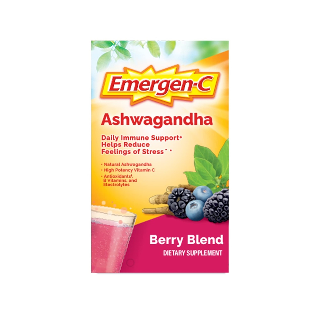 Emergen-C ויטמין C Ashwagandha Drink Mix, Dietary Supplement for Immune Support, ברי בלנדר, Back to School Essentials - 18 Count Count