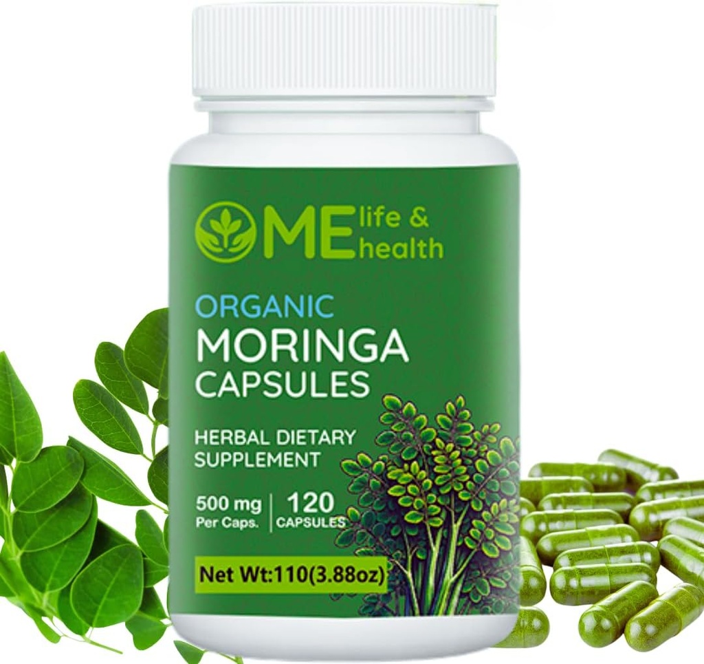 Me Life & HEAL Moringa קפסולות, 100% אורגני Moringa oleifera Leaf, Pure Moringa אבקה, מערכת מ"מ, ויטמין Essentials & Amino Acids non-GMO & Gluten Free, Pure & Natural 120 ct.