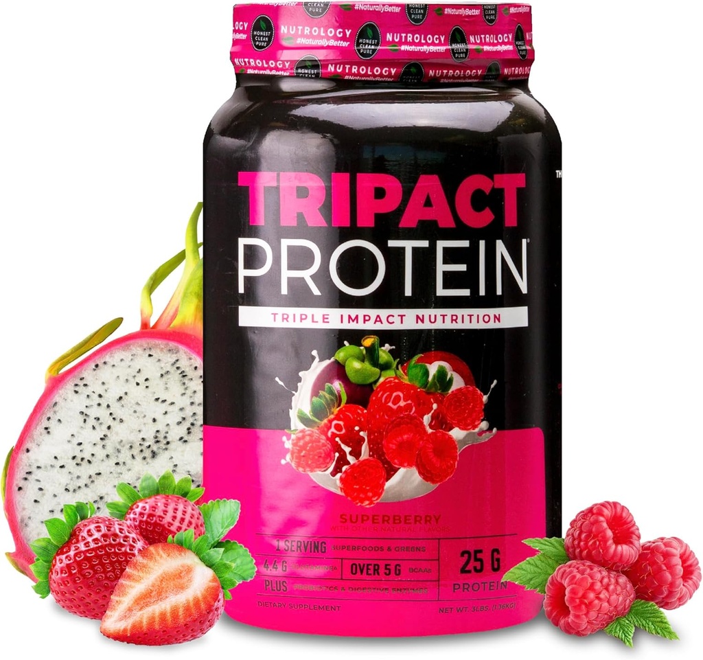 אבקת חלבון Nutrology TRIPACT - 7-in-1 Meal החלפת שקד עם אבקת חלבון Grass פד Whey, Pea, Rice, גריןs forשרירים Recovery & Immunity, Superberry Flavor, 40 משרתים