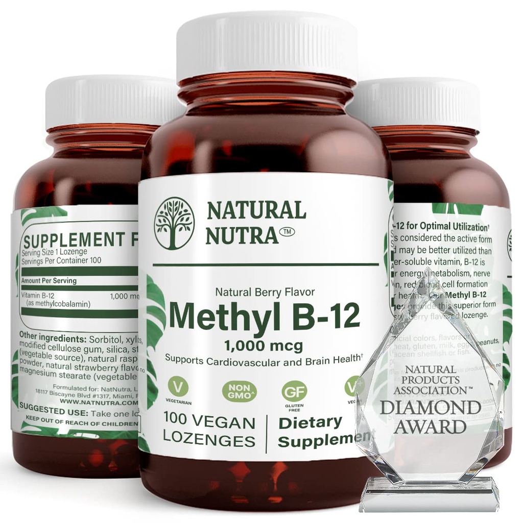 טבעי Nutra טבעוני Methyl B12 1000mcg, Heart Health and Energy Booster תוסף, Gluten Free, תומך אנרגיה טרנספורמציה, לשפר את התגובה Immune, לעזור תפקוד המוח, 100 טבעוני Lozenges