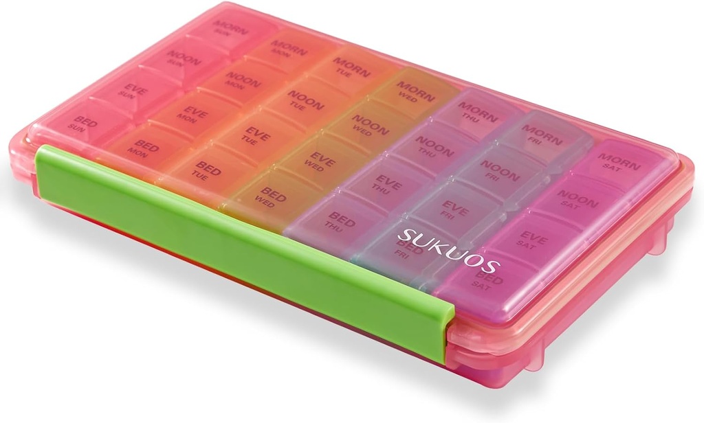 Sukuos Weekly Pill מארגנת 7 ימים ביום 4 פעמים ביום, Moisture-Resistant Large Daily Pill Box Medicine Cases for ויטמין/Fish Oil/Supplements (Pink)