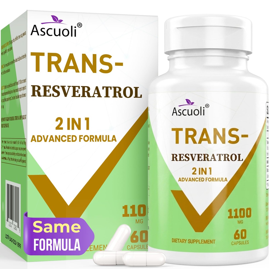 99% Ultra Purity Trans-Resveratrol 1100 מ"ג, 3in-1 Advanced Formula Organic Resveratrol תוסף, Max Antioxidant, Anti-Aging, Skin Health, Cell Fix, Boost NAD+, Immune & Energy, 60 Caps Caps Caps Caps