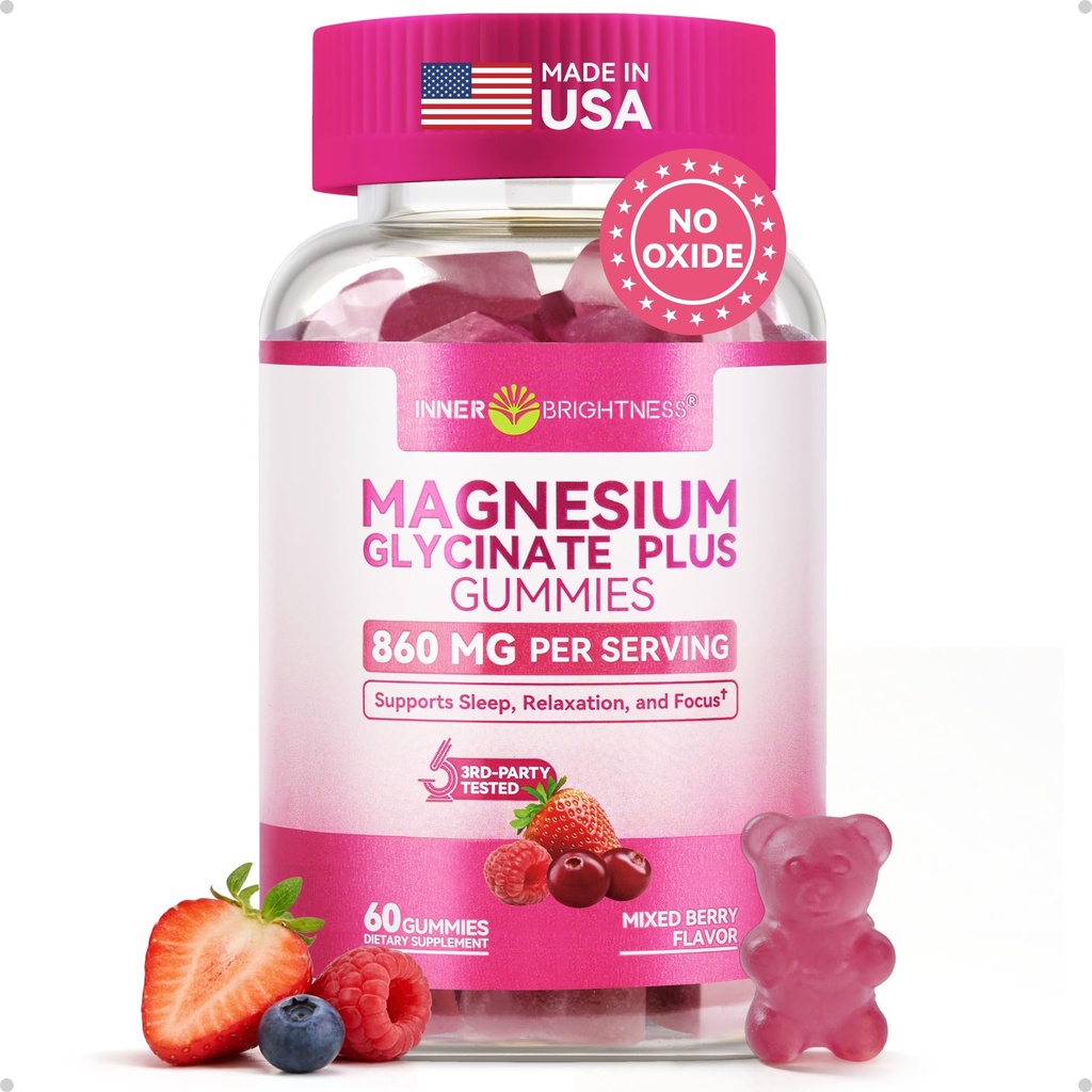 מגנזיום Glycinate Gummies 600 מ"ג, non-GMO, Gluten-Free, Magnesium חניכיים למבוגרים וילדים, שינה, הירגעות & פוקוס, מעורב ברי פלפור, 60 הרוזן