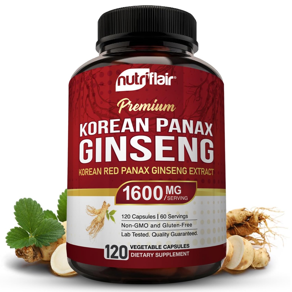NutriFlair קוריאה Red Panax גינזנג 1600 מ"ג - 120 קפסולות טבעוניות | 5% גינזנוסיידים | Non-GMO, Gluten-Free | Natural Energy & Focus Support