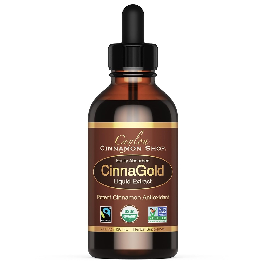 Ceylon Cinnamon Shop CinnaGoldTM אורגני Ceylon Cinnamon (100% מוסמך) תוספת, תמצית נוזלי בעוצמה גבוהה, 4 oz.