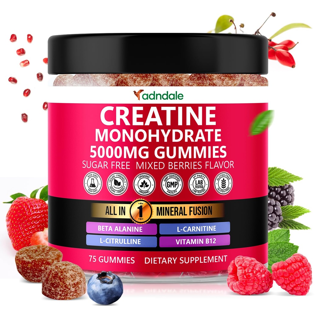 Adndale Creatine Monohydrate חניכיים עבור גברים ונשים, 5000 מ"ג לתוספת קריאטין עם Beta-Alanine, L-Citrulline & B12 - 75 חניכיים טבעוניות. סוכר חינם