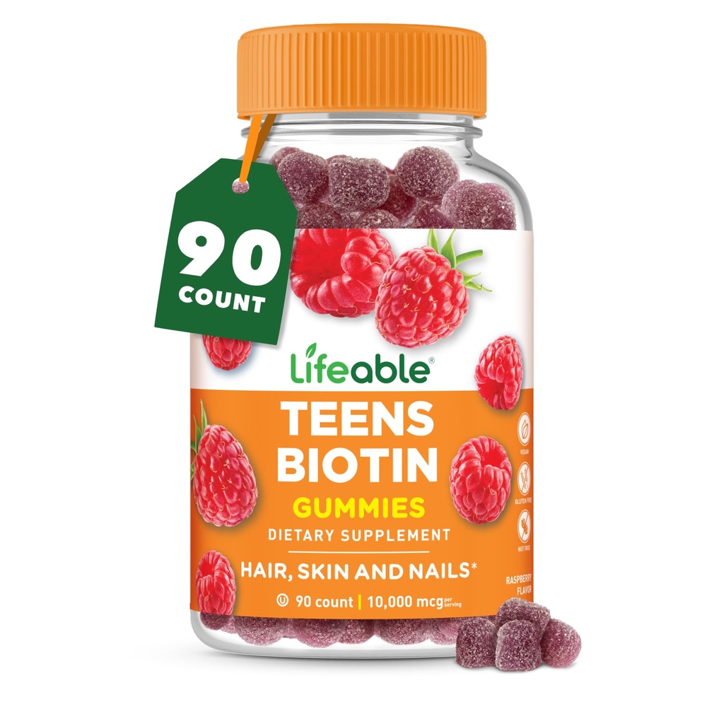 Teens Biotin 10000mcg Gummies | ויטמין B7 | תוסף Biotin טבעוני | Great Tasting biotin Gummies for Hair growth, Skin and Nails | ויטמינים ביוטין לבני נוער | 90 מסטיקנים