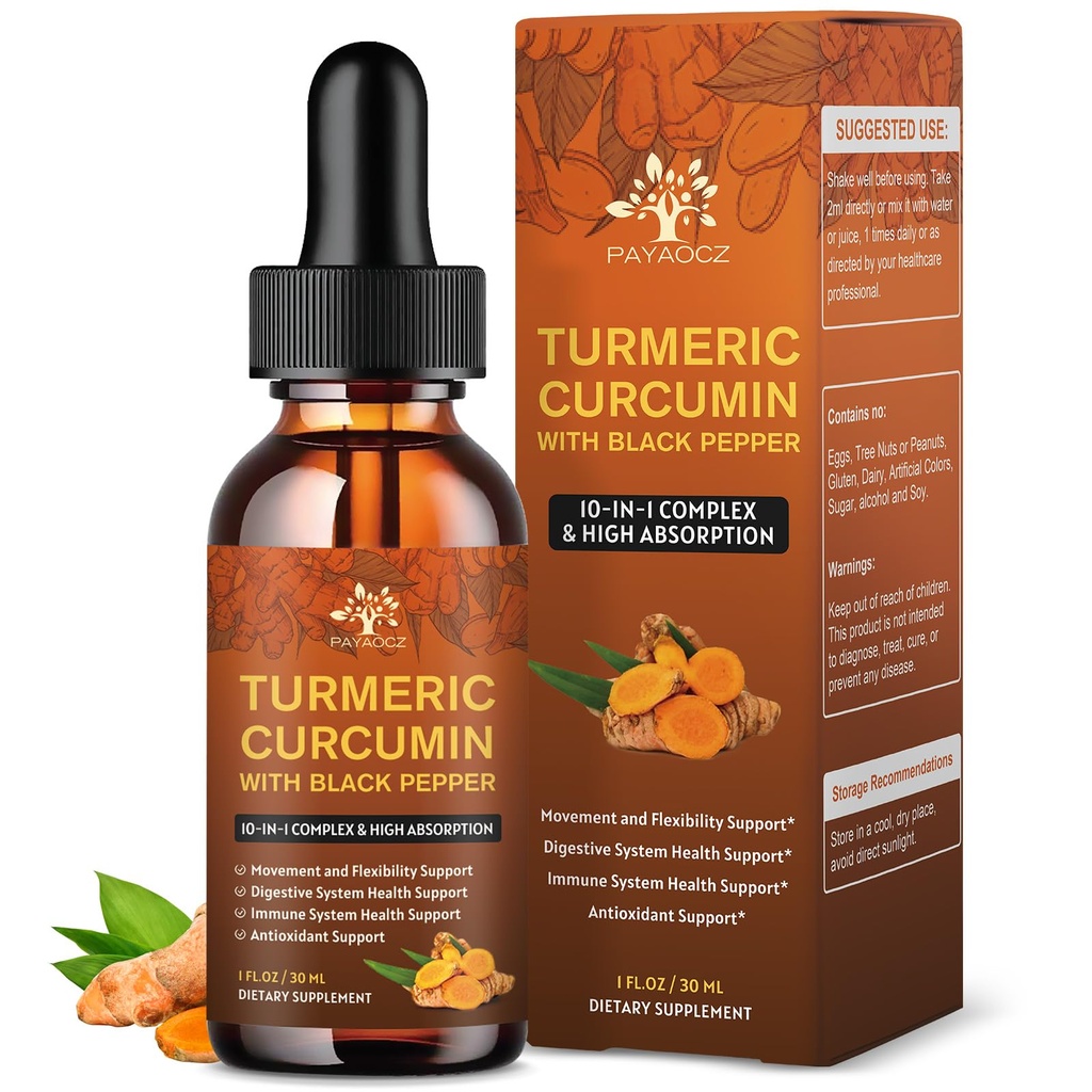 (2 Pack) אורגני Turmeric Curcumin תוספת עם Black Pepper וג'ינג'ר - נוזל פלט Turmeric טיפות (עם Cinnamon, Rosemary) - תמיכה ניידות וגמישות ובריאות העיכול - 1 Fl Oz