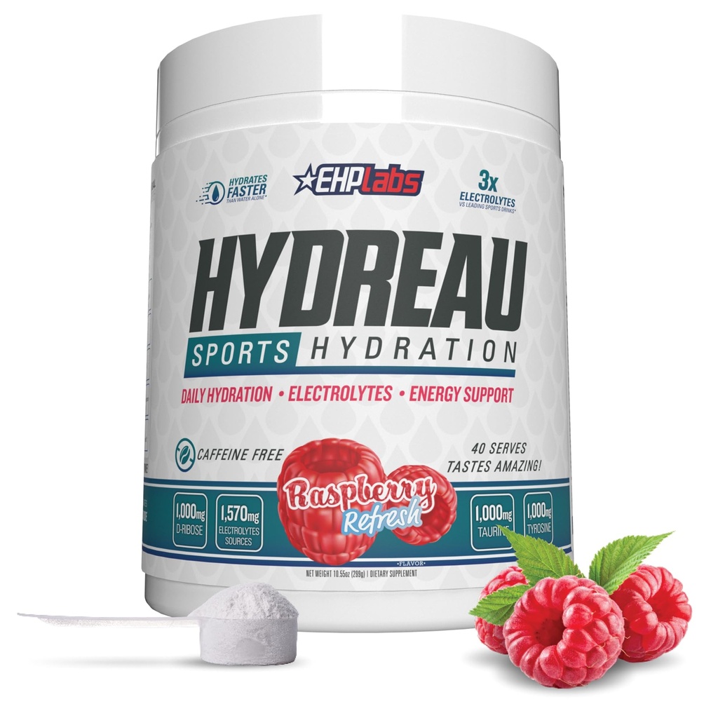 EHP Labs Hydreau Electrolytes אבקת No Sugar - אבקת כביסה עבור Endurance & Energy - אבקת אלקטרוליט עבור גברים ונשים - סוכר חינם אלקטרוליטים - פטל (40 משרתים)