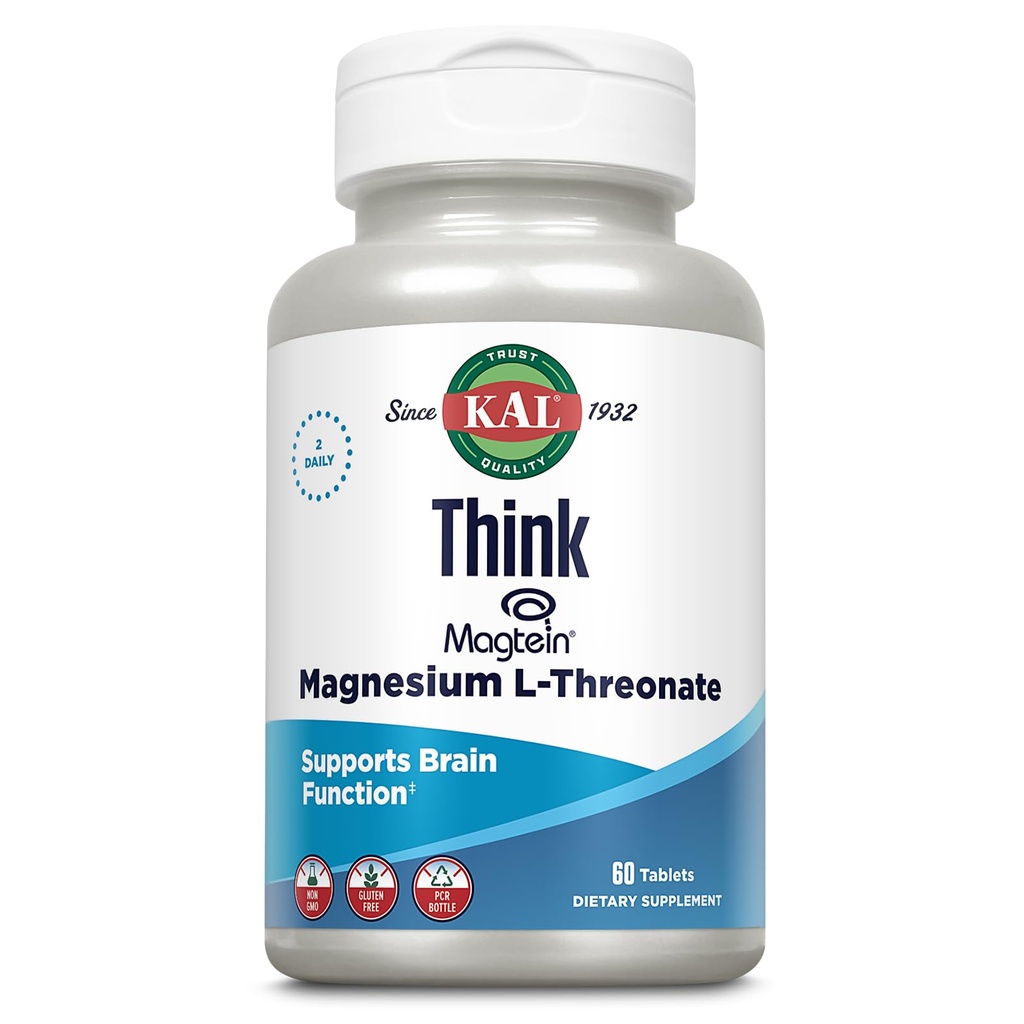 KAL Think Magnesium L-Threonate 2000 מ"ג | למידה, Brain Health & Memory function Support W/Magtein | טבעוני, No Gluten & Non-GMO | 60 טבליות