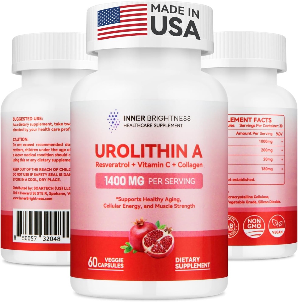 Urolithin A תוסף 1400 MG - non-GMO, Gluten-Free, Anti-Aging, התחדשות סלולרית, כוח שרירים, תמיכה אנדורנס ו-Longevity, Liposomal Urolithin A, 60 Count