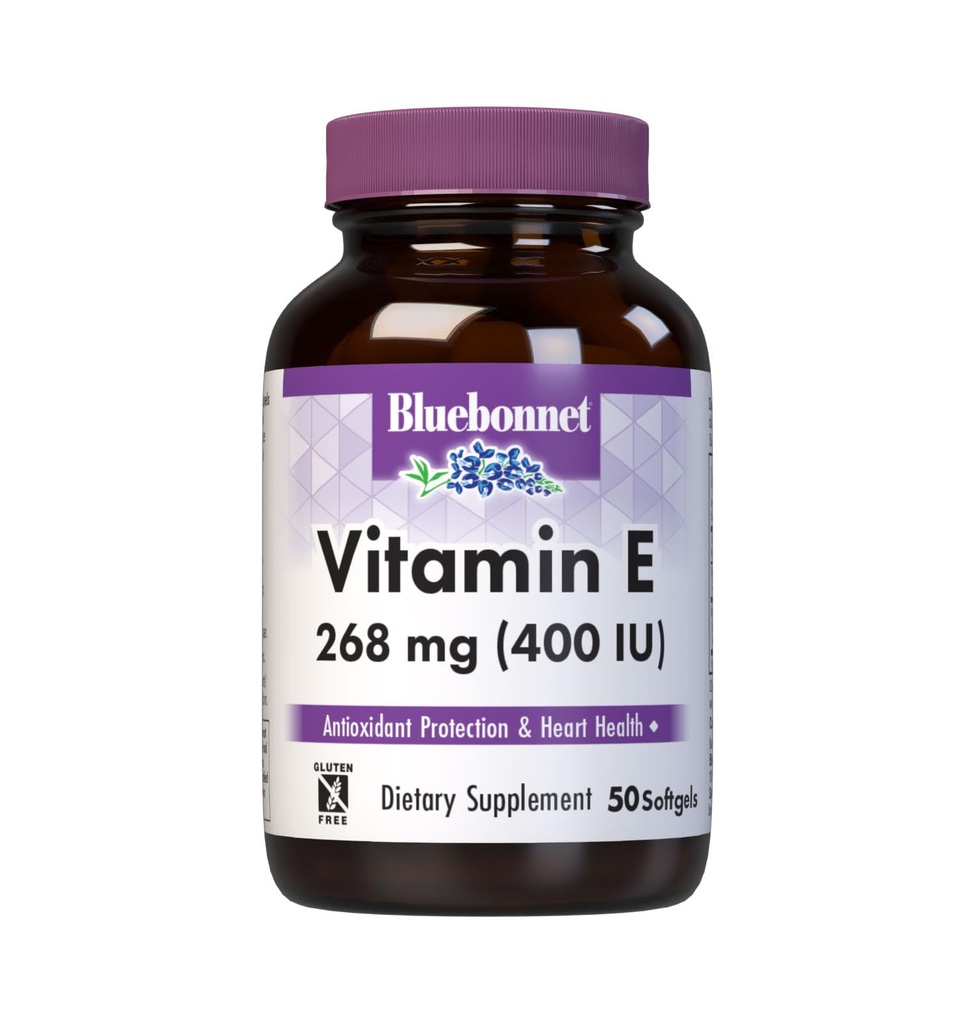 ויטמין Bluebonnet Nutrition E 400 IU (268 מ"ג) מעורב Tocopherols Softgels, Free Radical Portection & Cardiovascular Support, Gluten-Free, 50 Softgels, 50 משרתים