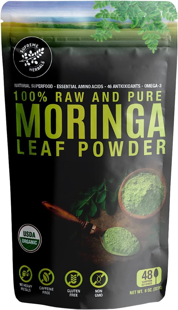100% Raw and Pure Moringa Leaf מורשה אורגני Moringa Leaf. מזון טבעי עם חומצות אמינו חיוניות, נוגדי חמצון ואומגה 3, 8 oz Resealable Bag.