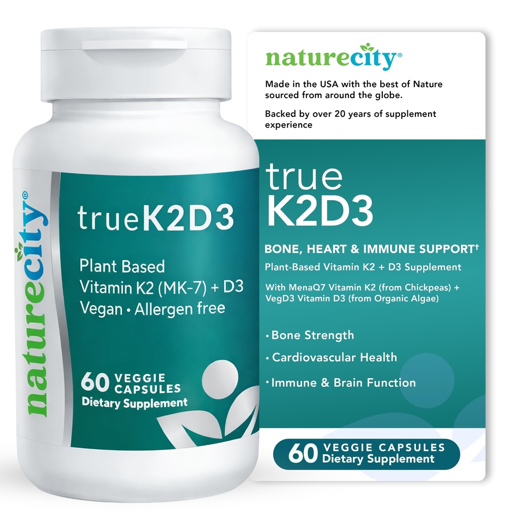 NatureCity TrueK2D3 Plant Based ויטמין K2 MK7 (90 mcg) ו-D3 מ- Algae(2,500 IU) 2 ב 1 ויטמין D3 K2 תוסף עבור Bone, Heart and Immune Health - 60 קפסולות Veggie
