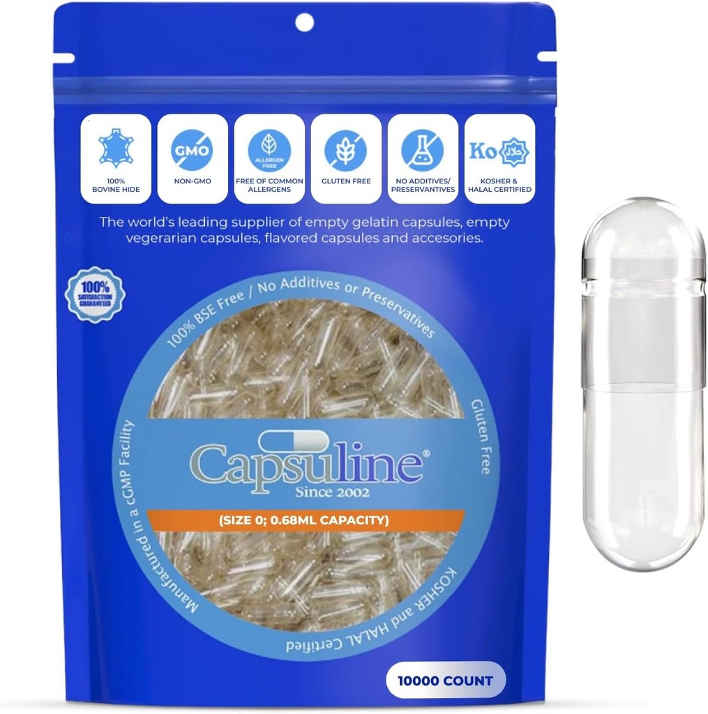 גודל Capsuline 0 רוקן Gelatin קפסולות, Clear - 10000 Count | גלוטן חינם, כשר, non-GMO מוסמך | Pure Bovine Pill Caps for Fit Filling