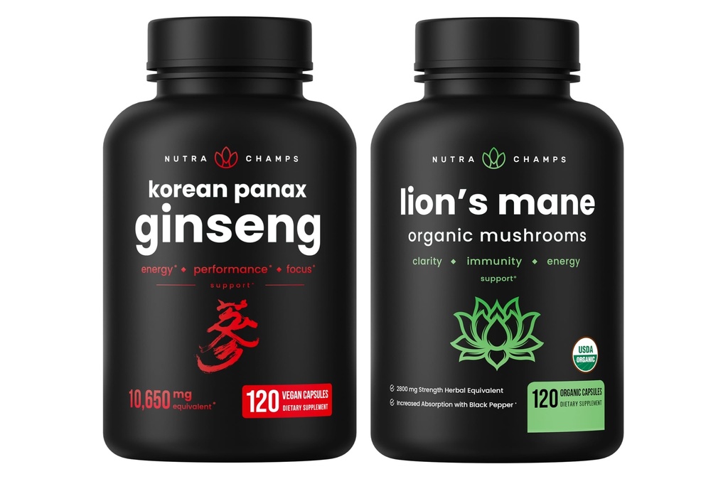NutraChamps קוריאני גינזנג קפסולות ו Lions Mane קפסולות 2 Pack Bundle