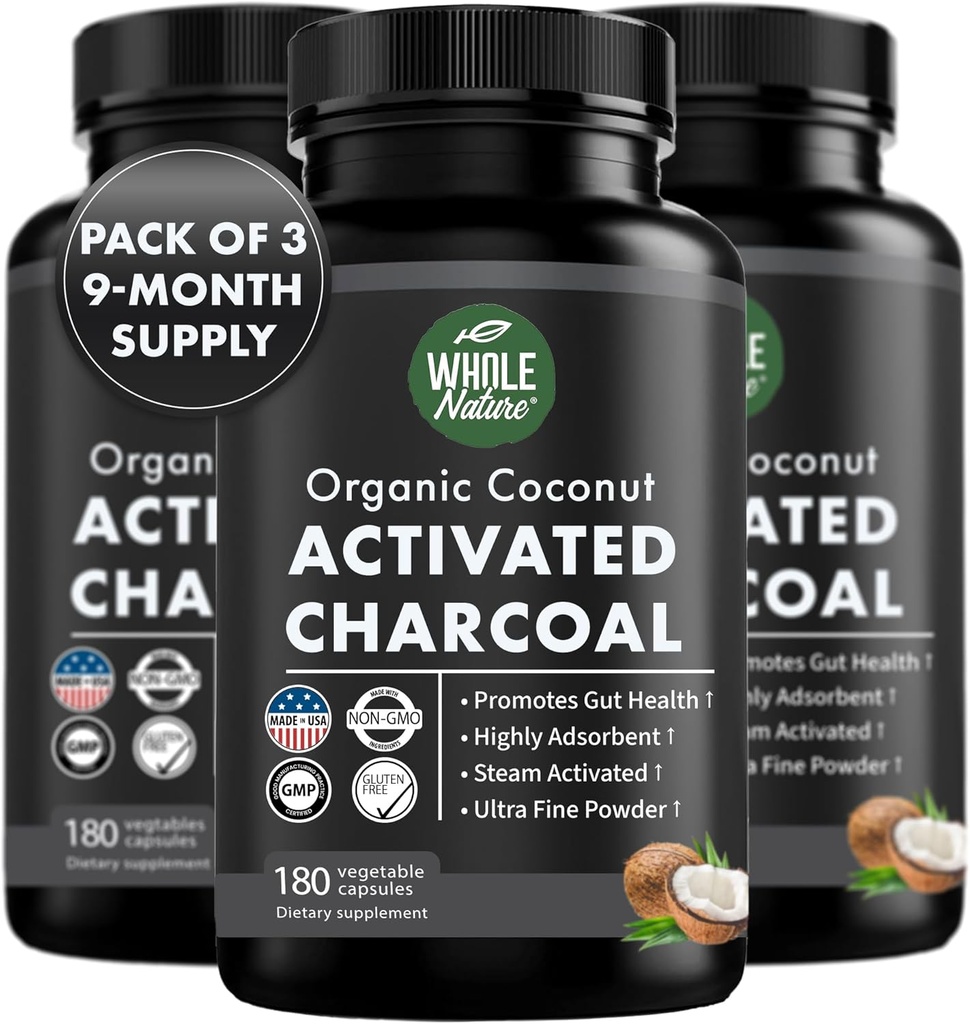 קוקוס הפעיל קפסולות Charcoal, 180 קפסולות Charcoal, שיניים וייטנינג, עוזר קונסטיפציה, Bloating, Stomach Gas, Heartburn, Pure קוקוס Derived (3)