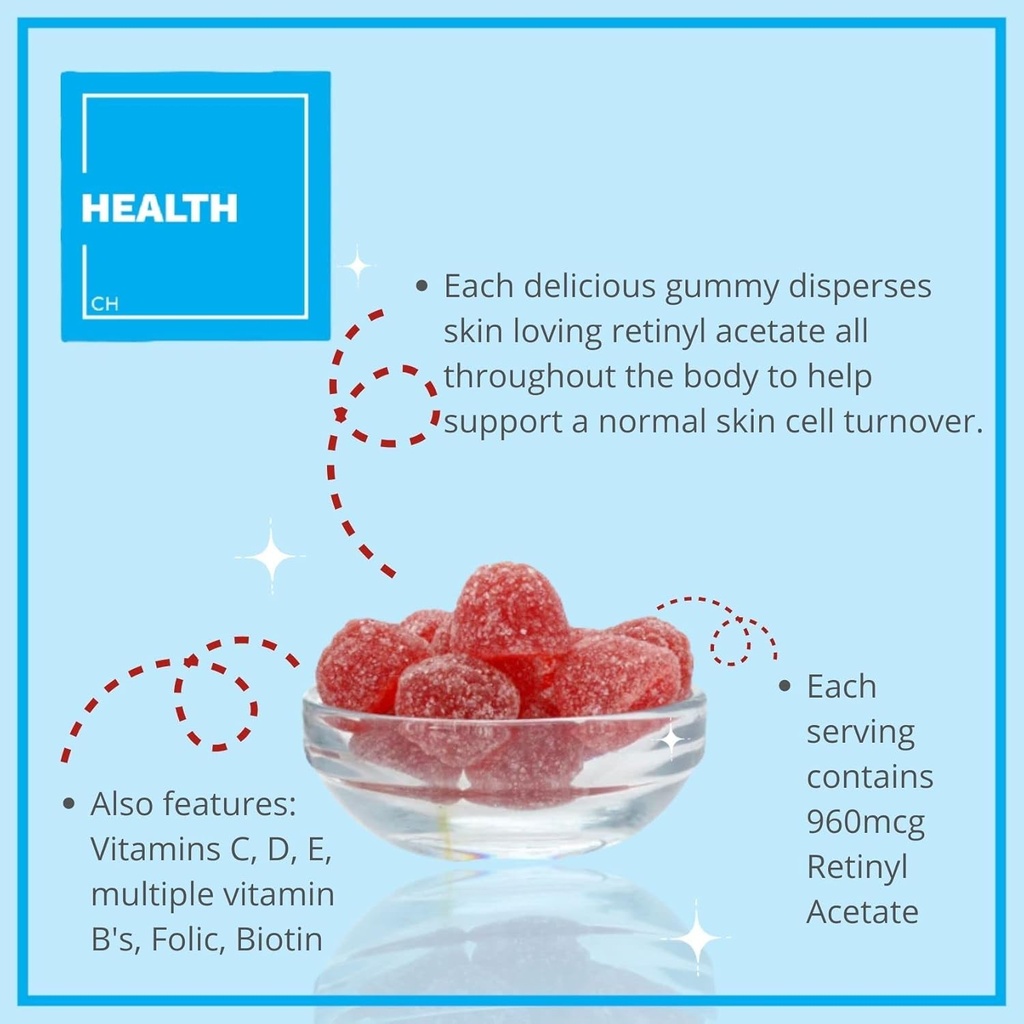 יועץ בריאות רגנרול - Multivitamin Retinol Gummy - Anti-Aging ויטמין A תוסף - Glowing, Youthful & Clear Skin Strong Hair & Nails - ויטמין B6, B12, C,D3, Folic Acid, Zinc - 60 Gummies
