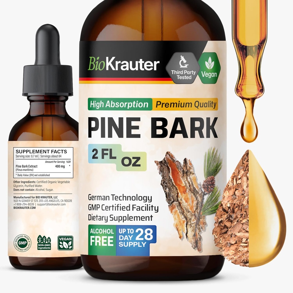 BIO KRAUTER Pine Bark Extract - עשיר ב- Antioxidants נוזל תוספת - 400 מ"ג צרפתית הים פין Bark לחלץ טיפות - טבעוני, אלכוהול & סוכר חינם - 2 Fl Oz