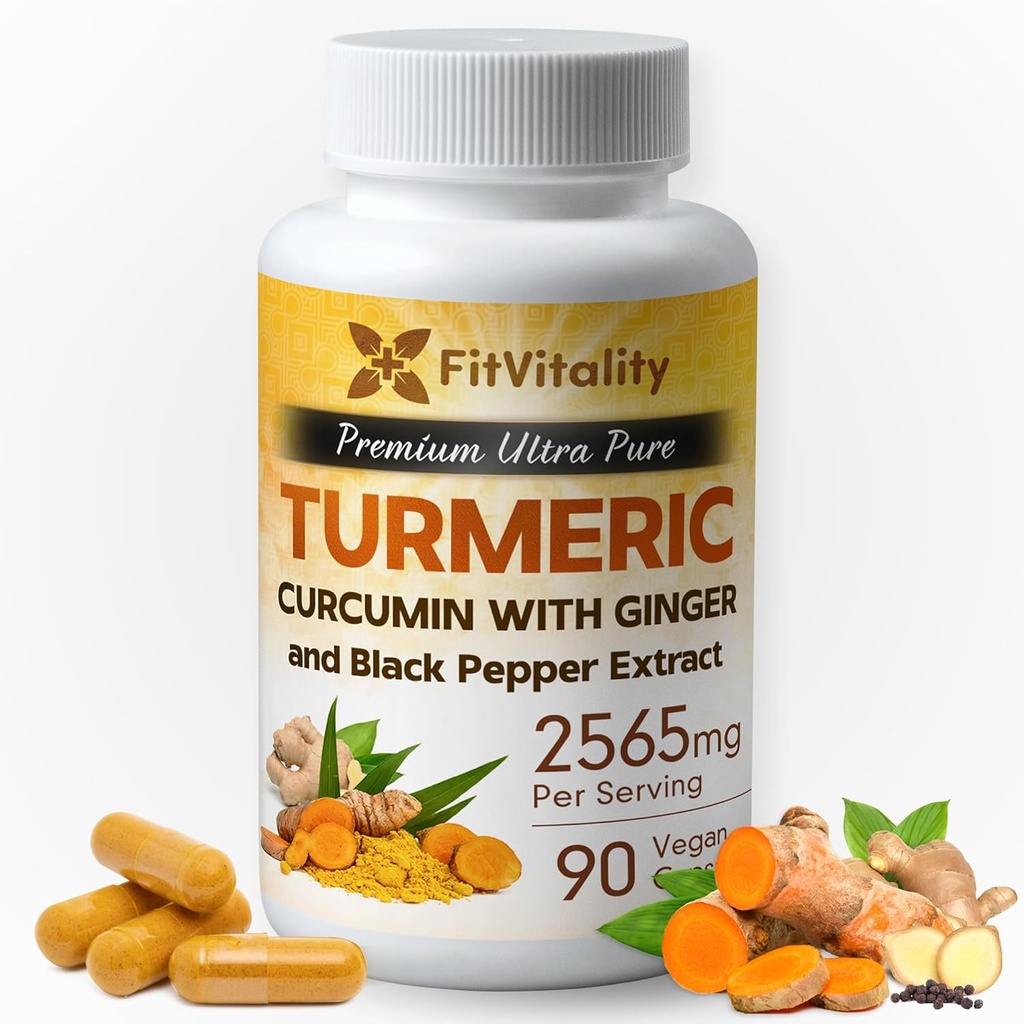 כורכום Turmeric Curcumin 2565 מ"ג, 90 קפסולות, 95% Curcuminoids & BioPerine Black Pepper Extractine Black Pepper, תוספת כוח Turmeric תוסף, All Natural & Non - GMO, Gluten-Free, טבעוני קפסולות